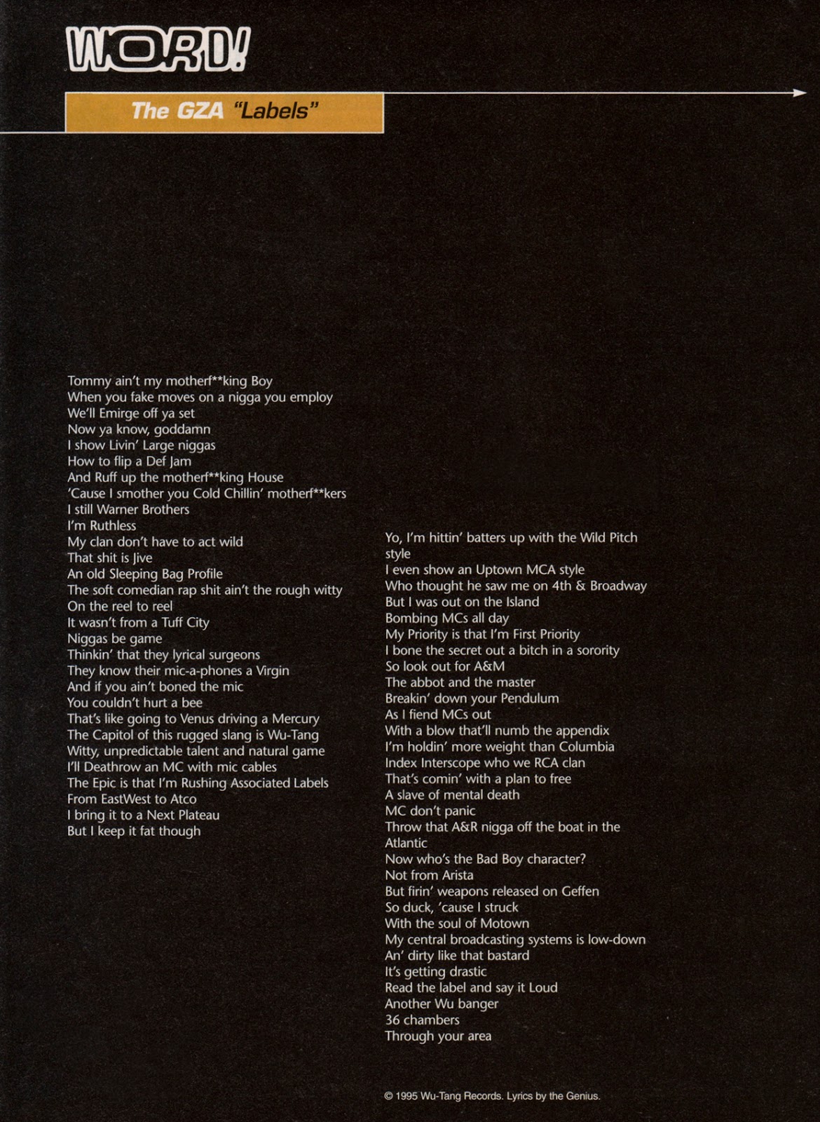 The GZA 'Labels' Word! Feature in Rap Pages (Oct, 1995) Lyrics