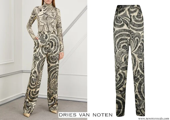 Queen Mathilde wore Dries Van Noten Printed Satiny Poline Trousers