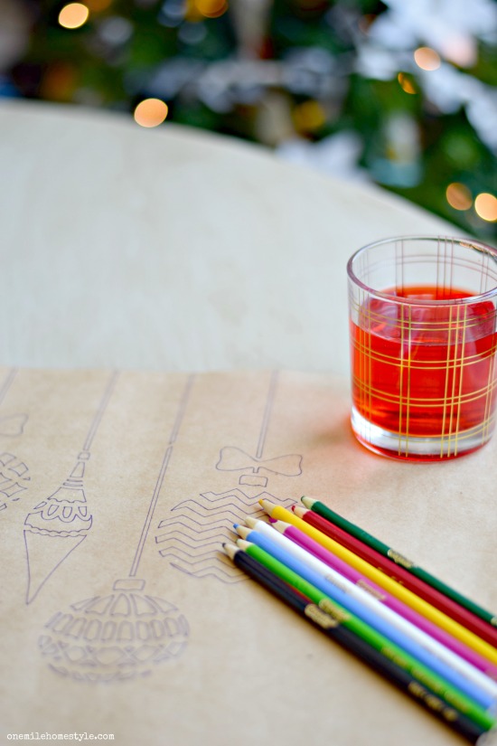 Add some fun to your holiday table with easy stenciled coloring page place mats.