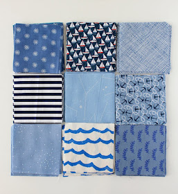 Blue fabrics for a patchwork quilt