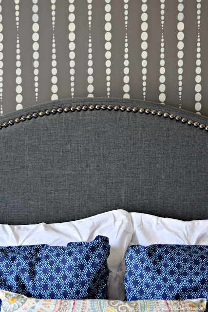 Grey and White Master Bedroom Makeover With Bold Stenciled Statement Wall