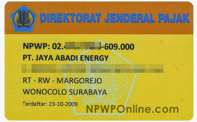 Contoh Kartu NPWP Badan Perusahaan