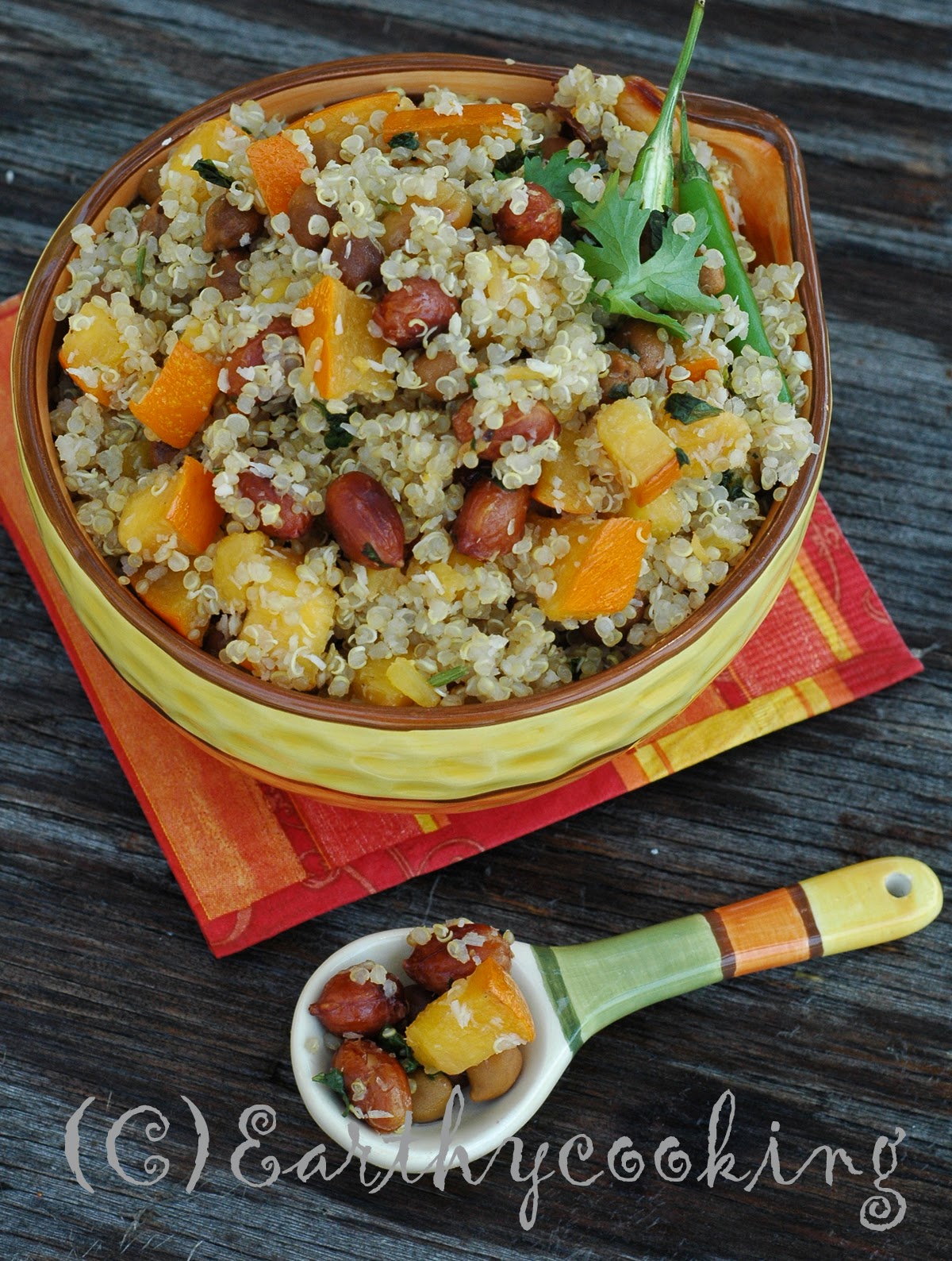 Earthycooking Quinoa pilaf with pumpkin,peanuts and whole bengal gram