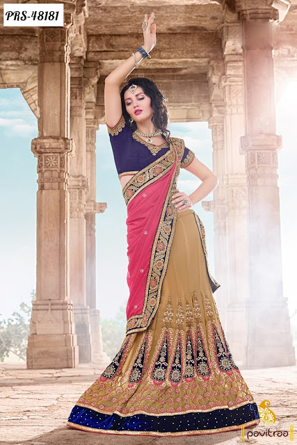 Diwali special beige georgette designer lehenga saree online shopping with discount rate and sale at pavitraa.in