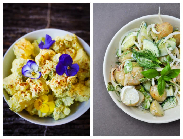 photo of two different creamy potato salads, one with a thick mayo dressing, the other with a light cream dressing and fresh herbs