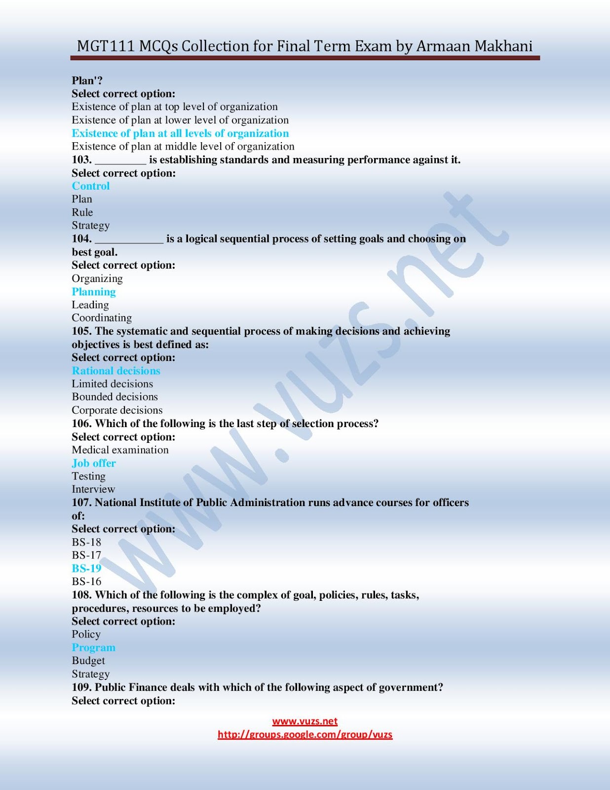 KNOWLEDGE FOR ALL Mcqs Public Administration MGT 111 Mcqs