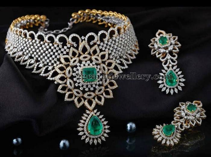 Diamond Emerald Necklace with Earrings - Jewellery Designs