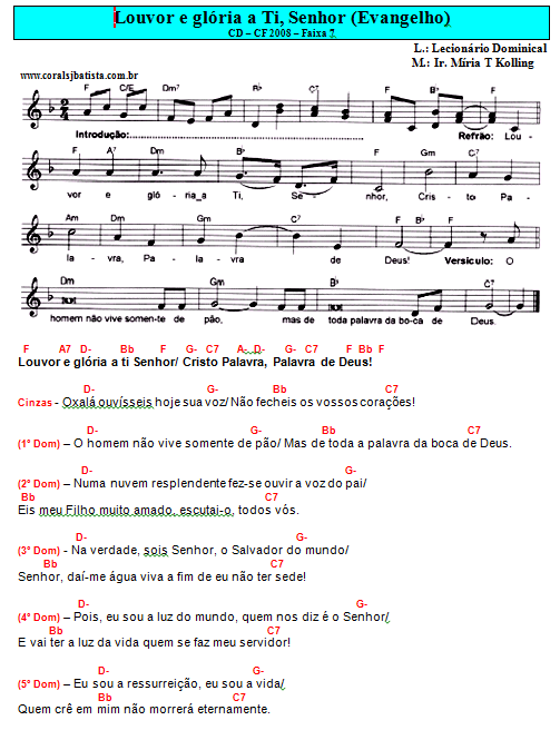 Cantos para Missa Missa do dia 21/02/2016 2º domingo da Quaresma