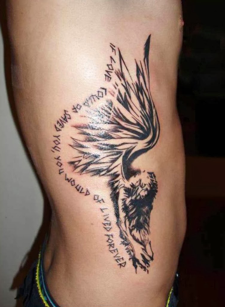 Tattoos Designs, Pictures And Ideas: Lettering And Angel Tattoo On Side Rib