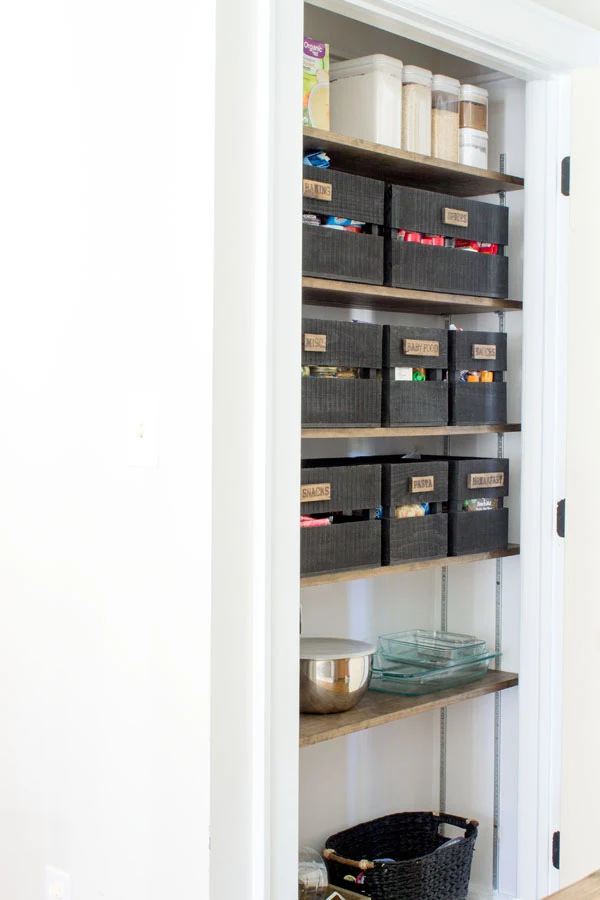 How to organize a small pantry. Get modern farmhouse style with DIY wood burned food storage crates.