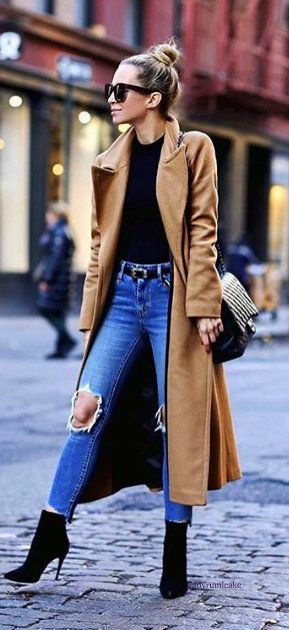 Fall fashion | Belted high waisted jeans with heeled booties and camel ...
