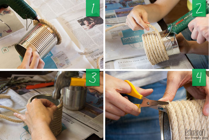 Para el jarrón de cuerda lo que tienes que hacer es echar unas gotas de silicona sobre la lata e ir pegando poco a poco la cuerda, asegúrate de que está bien pegada y en cada vuelta presiona la cuerda bien para que queden todas las vueltas bien juntas. Al final, yo lo rematé con una puntita y una gota de silicona para que no se despegase la cuerda. Para que quede bien rematado corté los "pelitos" de la cuerda. ¡Y ya está! Ya tienes un jarrón listo.