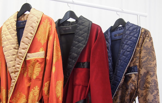 Men's Victorian dressing gowns in warm velvet and patterned silk with quilted collar
