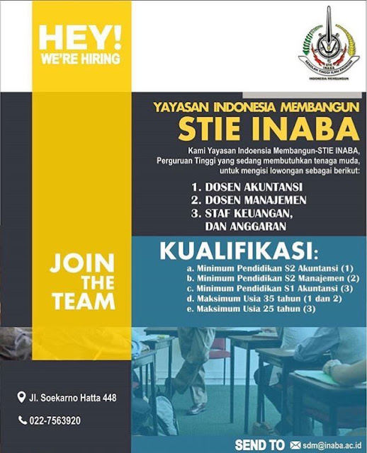 lowongan dosen, rekrutmen dosen, staff kependidikan, STIE INABA, Bandung, agustus 2017