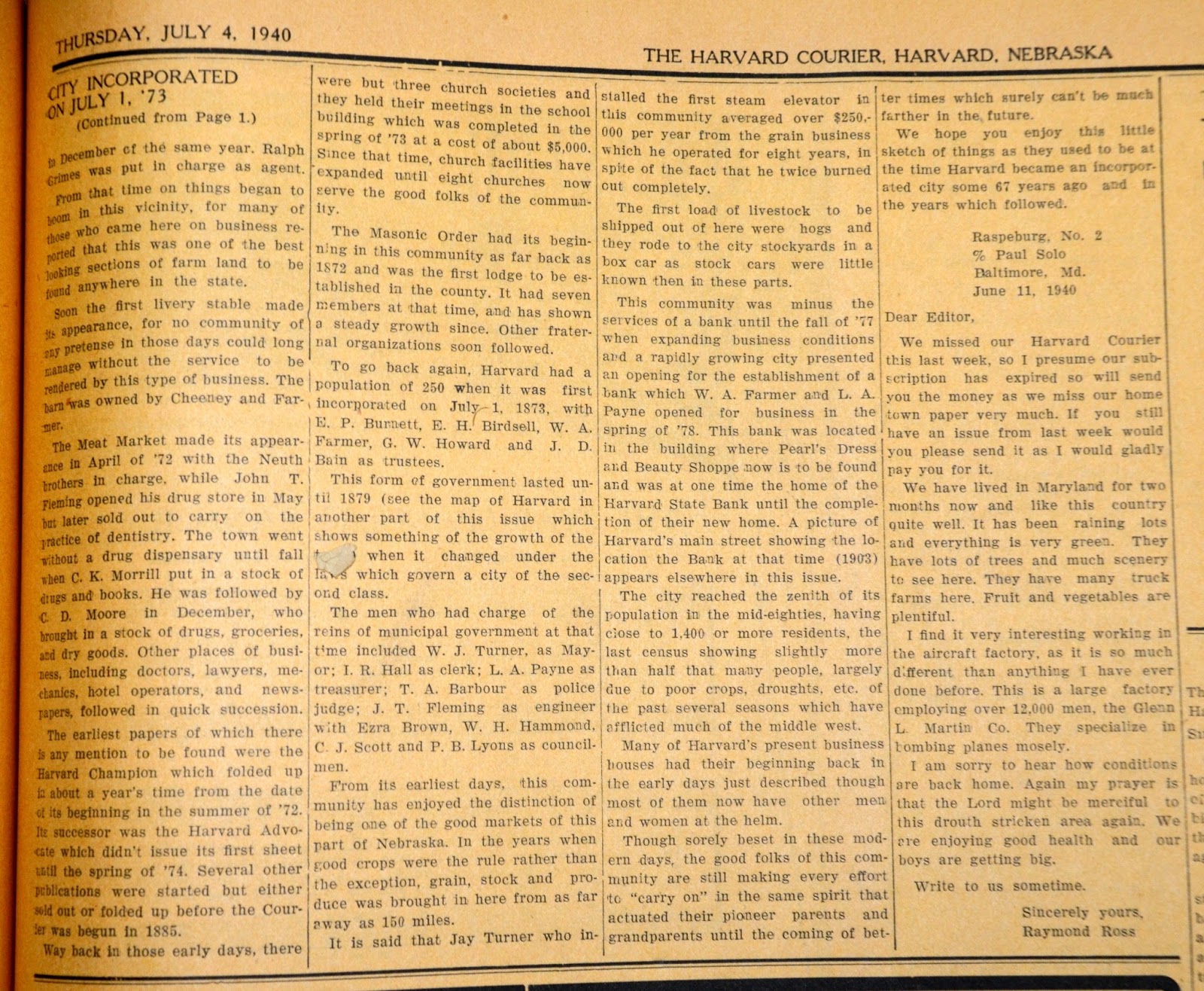 Sutton Nebraska Museum Harvard's Incorporation and early newspaper