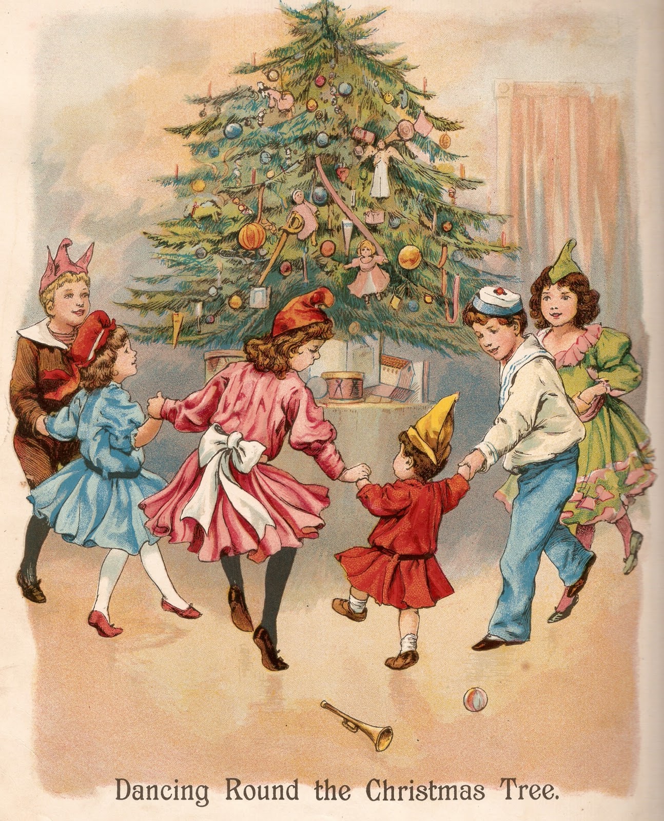 Images d'autrefois: Image ancienne d'un livre - Noël, danse autour du sapin