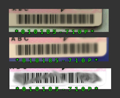 [Image: Three barcodes each distorted in a different way - pixelated, blurred, or smudged.]