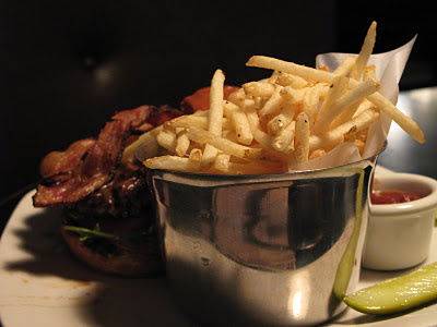 burger with shoestring fries
