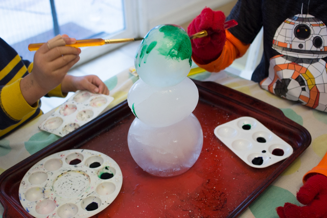Painting on Ice  Kids Activity- Try making a snowman out of ice and painting it with watercolors