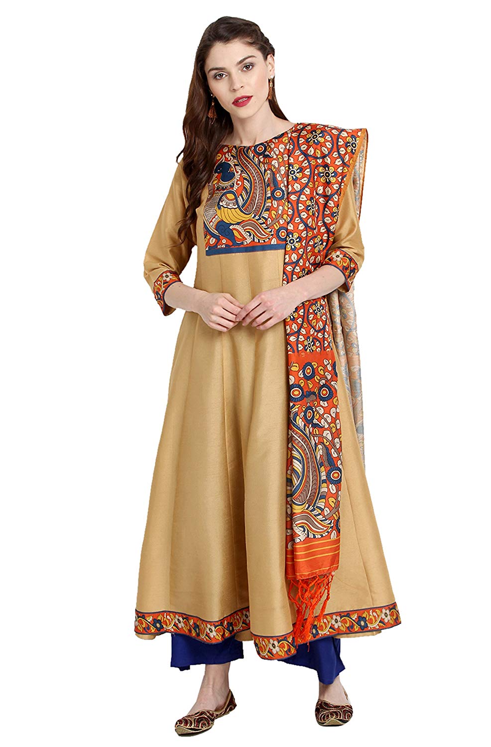 Janasya Women's Orange Poly Silk Anarkali Digital Print Kurta With Dupatta