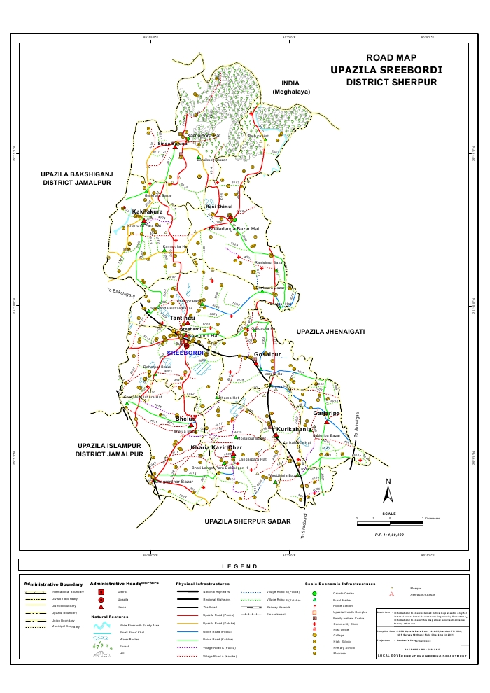 Sreebordi Upazila Road Map Sherpur District Bangladesh