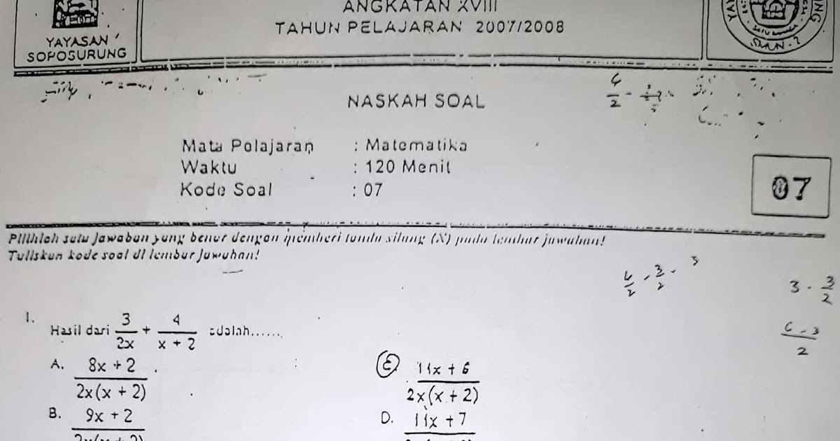 Soal Seleksi Akademik Masuk Asrama Yayasan Soposurung Asrama Yasop Sman 2 Balige 2007 Fendi Keren