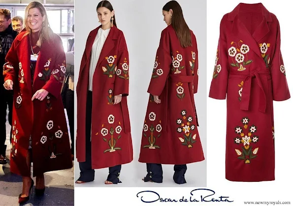 Queen Maxima wore Oscar de la Renta claret multi embroidered wool cashmere coat