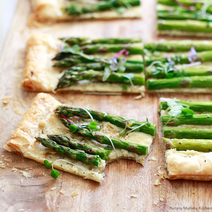 Asparagus Tart Recipe An easy asparagus tart recipe with puff pastry, lemon zest, and goat cheese style filling.