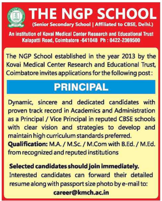 The NGP School, Coimbatore, Wanted Principal/Vice Principal Faculty Teachers