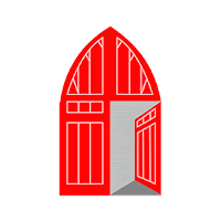 The parish logo, which is an open red church door