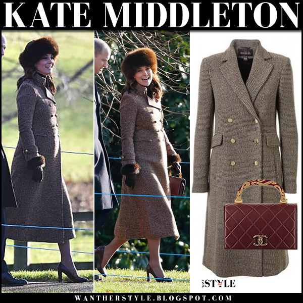 Kate Middleton in brown tweed coat with burgundy leather bag at Sandringham on January 7 I