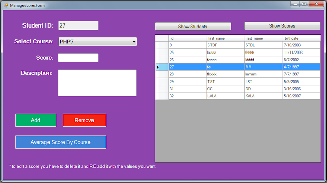 C# Students Information System Source Code - manage scores - show students