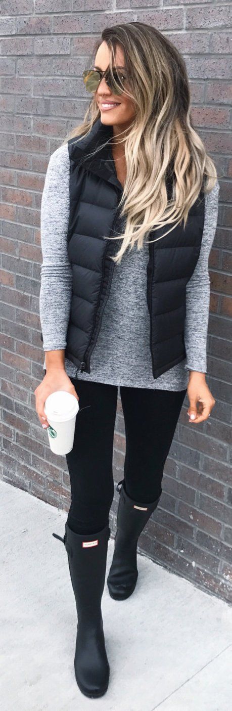 what to wear with a vest : grey top + leggings + high boots
