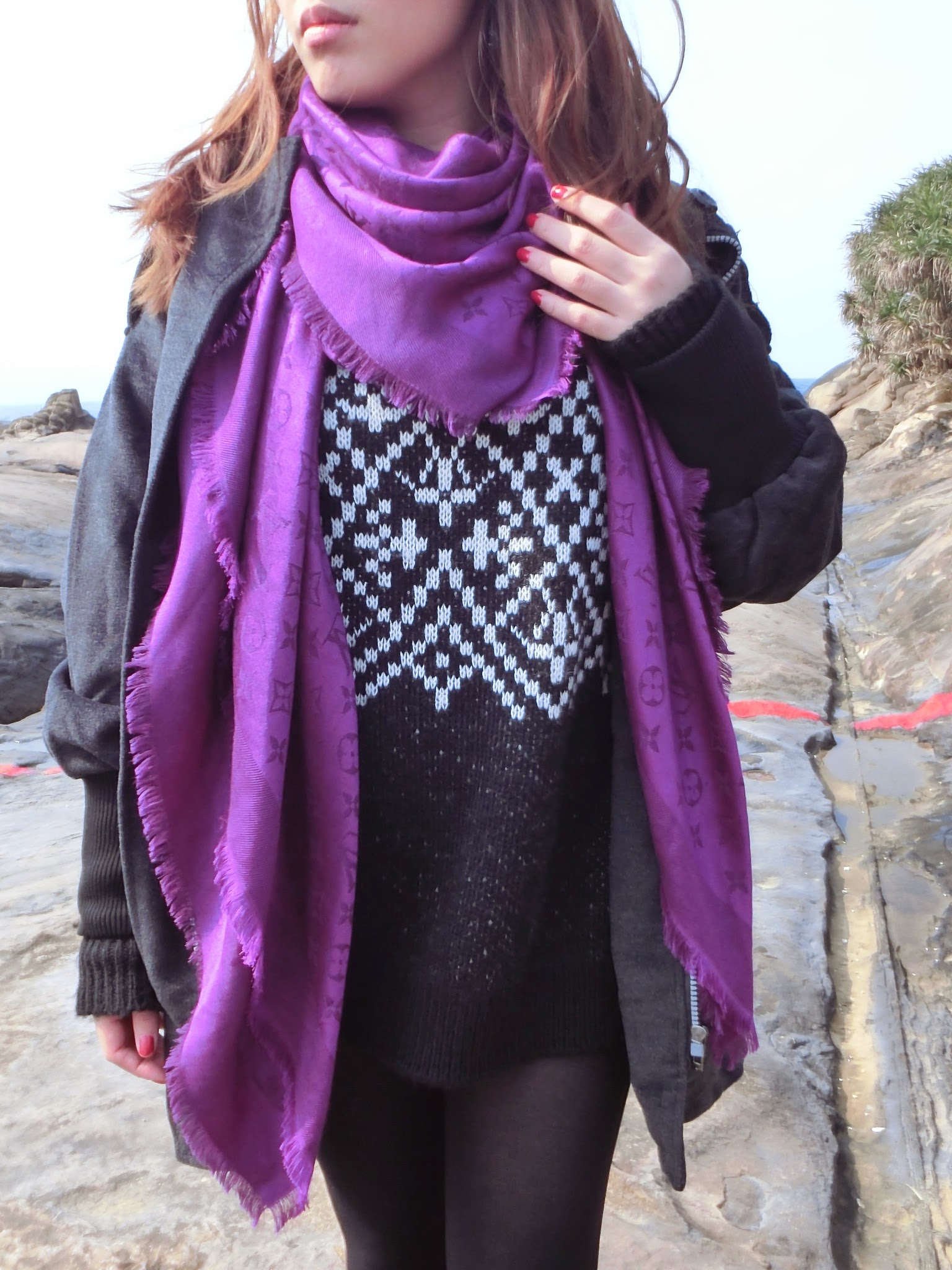 outfit of the day - purple Louis Vuitton scarf - JennGorgeous