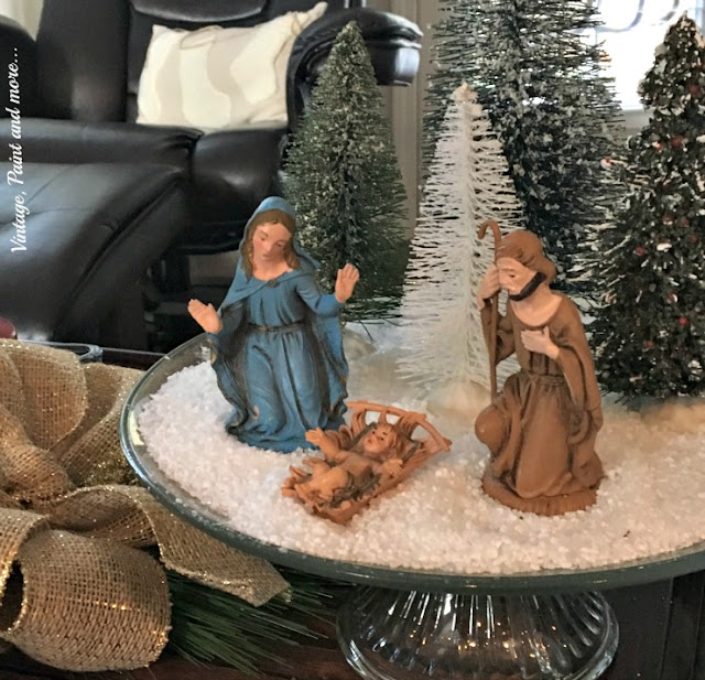 nativity in a diy scene done with bottle brush trees