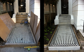 Restoration of Victorian tiles on mosaic path and marble riser 