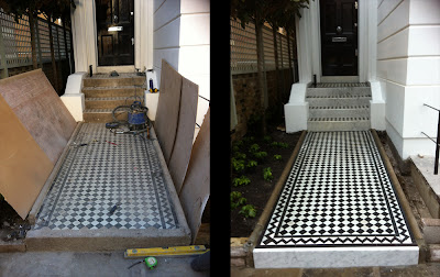 Restoration of Victorian tiles on mosaic path and marble riser 