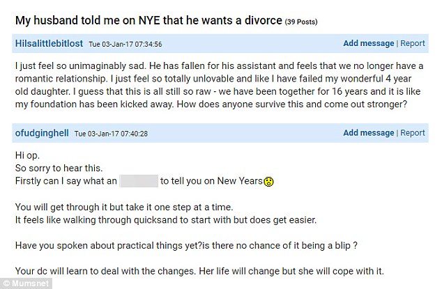 000 Lady says she feels 'unlovable' and a 'failure' after her husband left her for his assistant on New Year's Eve