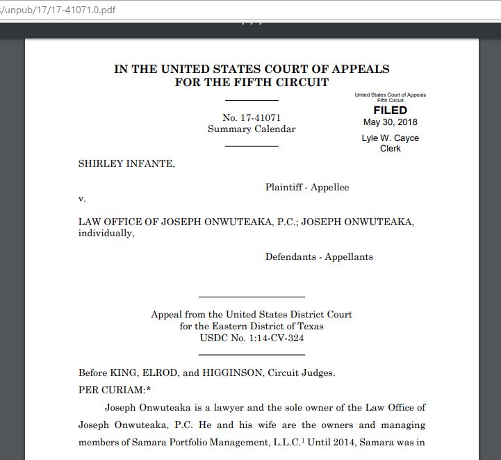 Consumer Debt Litigation Mostly Texas Prolific Fdcpa Violator Taken To Task Infante V Law Office Of Joseph Onwuteaka P C 5th Cir May 31 18