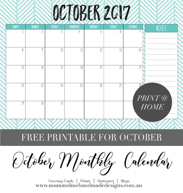 Free A4 Printable Calendar for October 2017 from Mum and Me Handmade Designs