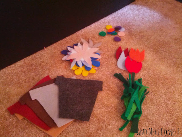 Pieces of a spring flower planting game for kids