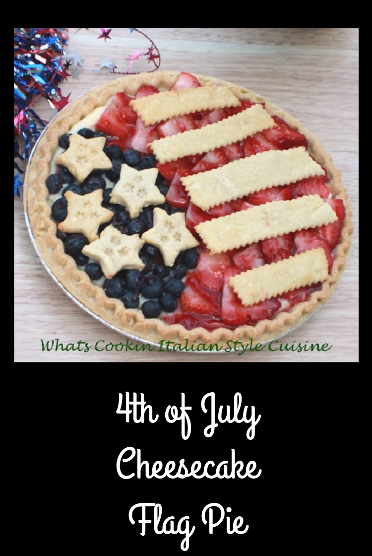 A flag design on top of pie using strips of pie dough cut and baked along with stars to add to the top of a pie that has blueberries and strawberries on top for the 4th of July or memorial day party