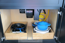 Organized roll out drawers under large exhaust fan for gas cooktop :: OrganizingMadeFun.com