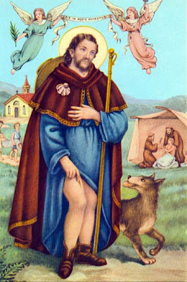 En la imagen San Roque mostrando su pierna llagada