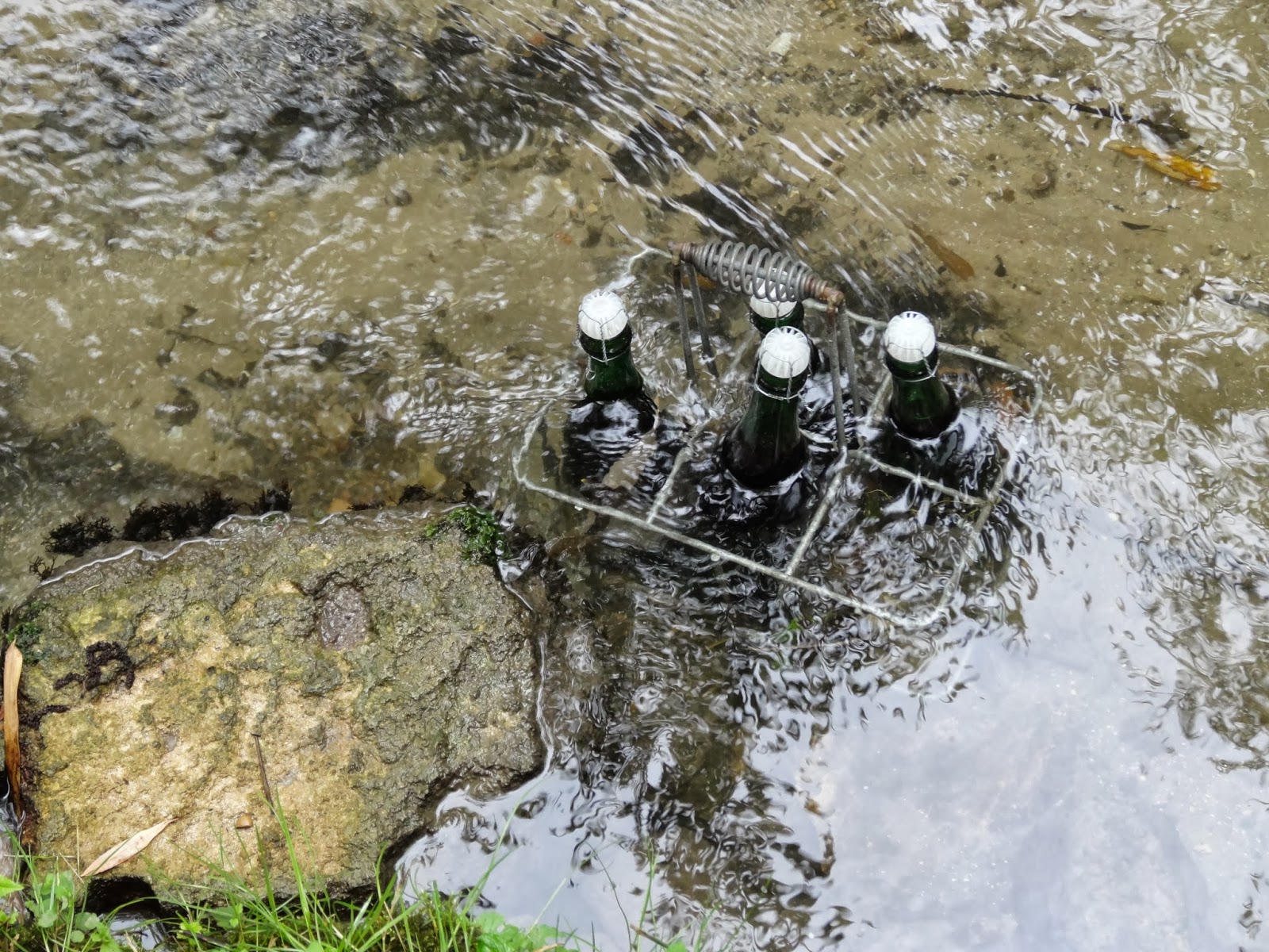 Des bouteilles de cidre attendent le visiteur, au frais dans la rivière...