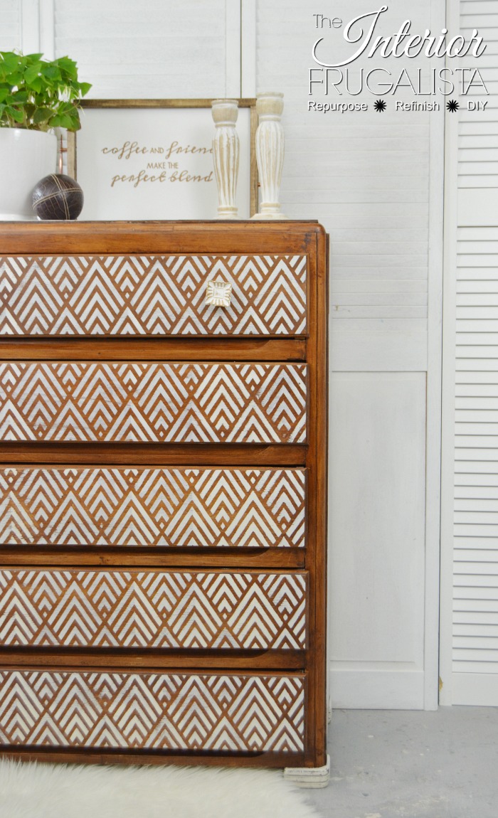 A little white paint and a striped diamond stencil made a dramatic difference on this vintage Art Deco Geometric Dresser Makeover in a fun boho style.