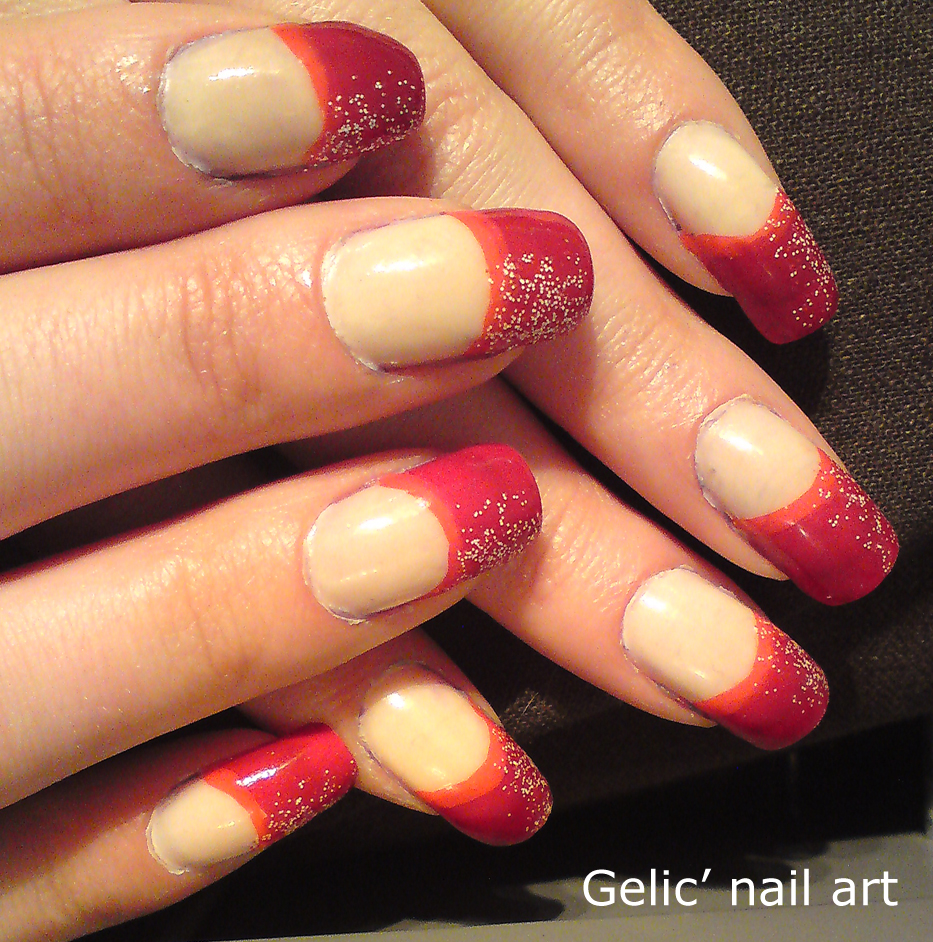Gelic' nail art: Red funky french with a red and white floam gradient