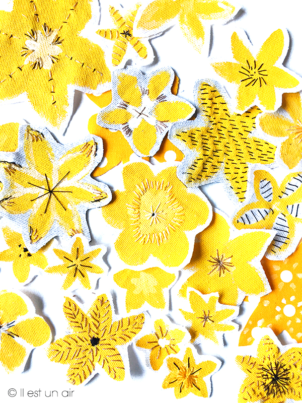 Fleurs jaunes brodées Fleurs jaunes peintes et brodées