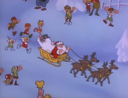 Santa driving Frosty through town in Frosty the Snowman 1969 animatedfilmreviews.filminspector.com