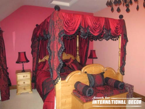 four poster bed canopy, canopy bed, romantic bedroom, red drapes ...